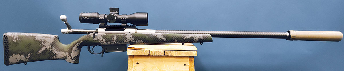 The custom-built rifle on Pacific Tool & Gauge’s Drakkar action worked extremely well – creating a balanced, lightweight, precise rifle. The theme of the rifle is carbon fiber with a barrel to match the stock’s  carbon fiber pattern, as well as a unique carbon-fiber-wrapped bolt.
